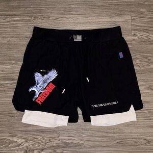 All American Roughneck Shorts Mens L “What is Freedom” Blk White Liner Athletic